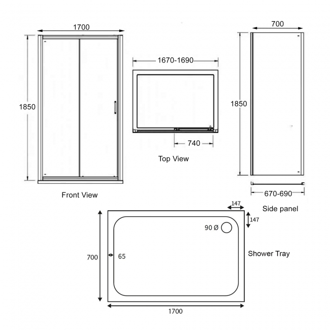 Signature Verve Sliding Door Rectangular Shower Enclosure with Tray 1700mm x 700mm - 6mm Glass  | Dimension Image