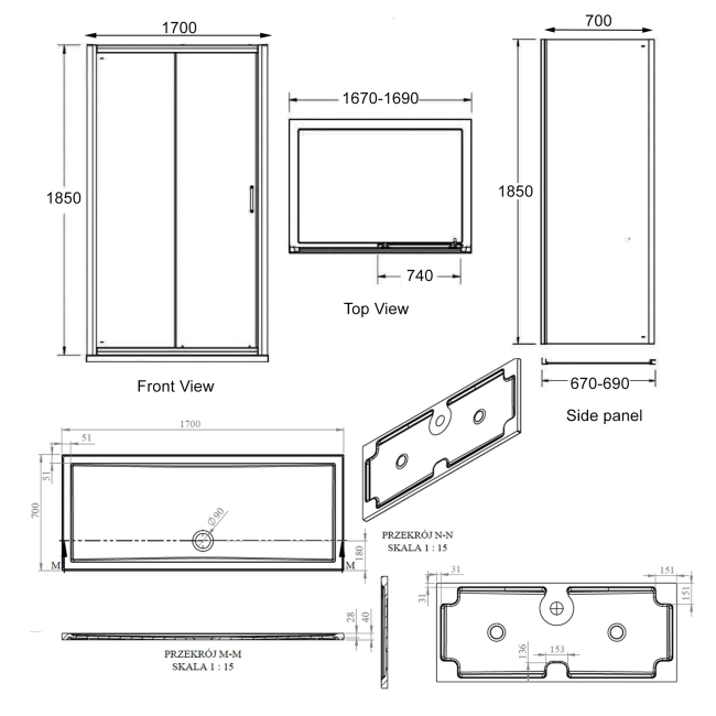 Signature Verve Sliding Door Rectangular Shower Enclosure with Tray 1700mm x 700mm - 6mm Glass  | Dimension Image