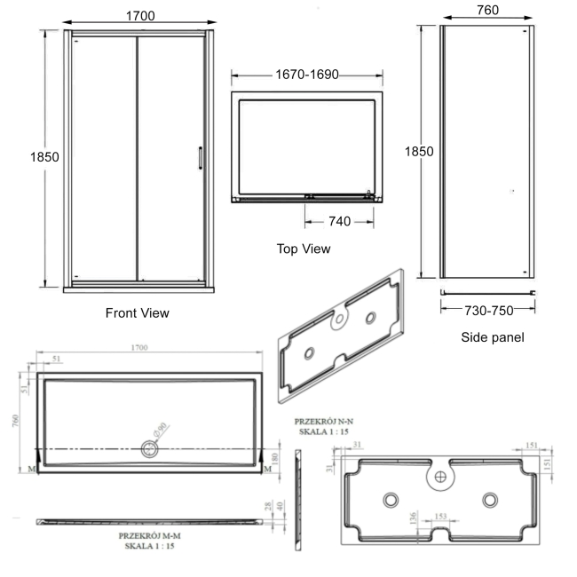 Signature Verve Sliding Door Rectangular Shower Enclosure with Tray 1700mm x 760mm - 6mm Glass  | Dimension Image