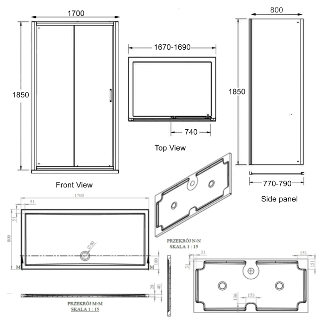 Signature Verve Sliding Door Rectangular Shower Enclosure with Tray 1700mm x 800mm - 6mm Glass  | Dimension Image