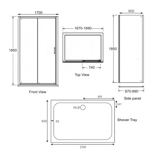 Signature Verve Sliding Door Rectangular Shower Enclosure with Tray 1700mm x 900mm - 6mm Glass  | Dimension Image