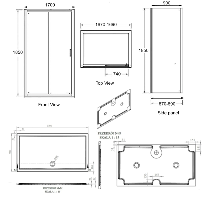 Signature Verve Sliding Door Rectangular Shower Enclosure with Tray 1700mm x 900mm - 6mm Glass  | Dimension Image