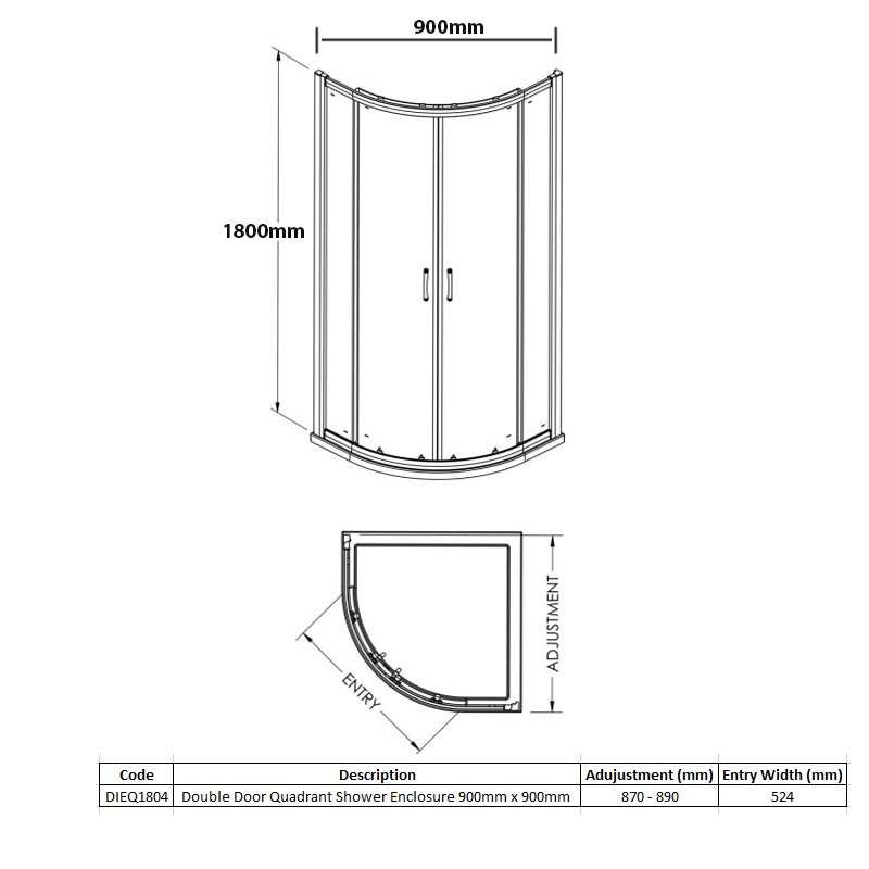 Merlyn Vivid Boost Loft 2-Door Quadrant Shower Enclosure 900mm x 900mm - 6mm Glass  | Dimension Image