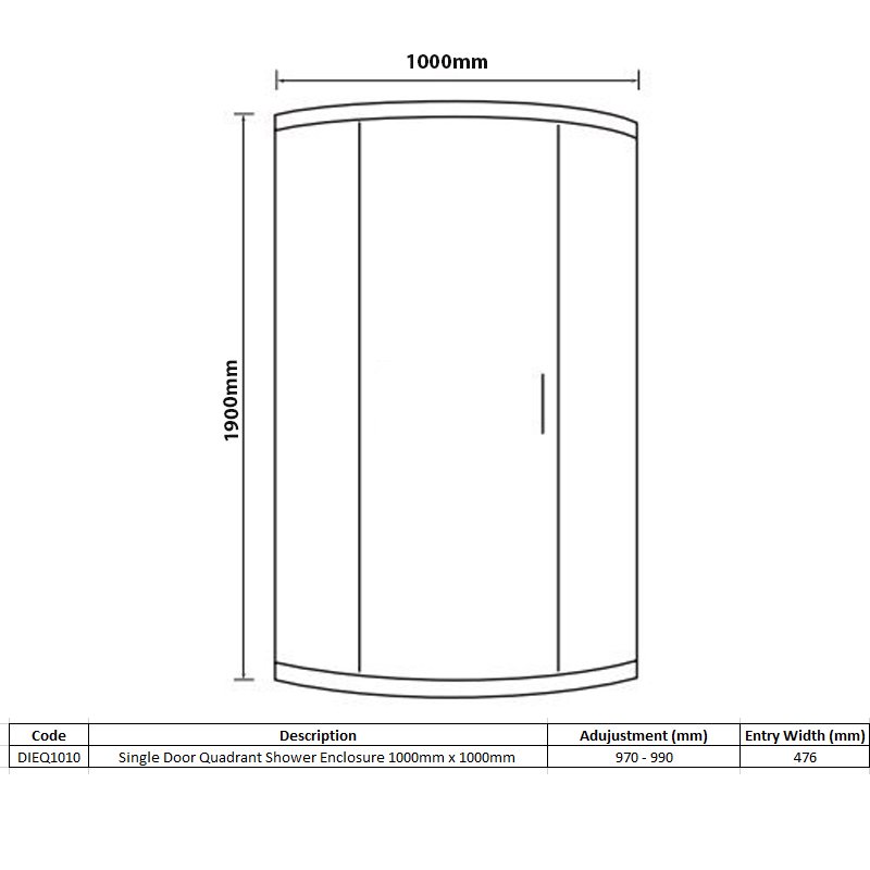 Merlyn Vivid Boost 1-Door Quadrant Shower Enclosure 1000mm x 1000mm - 6mm Glass  | Dimension Image