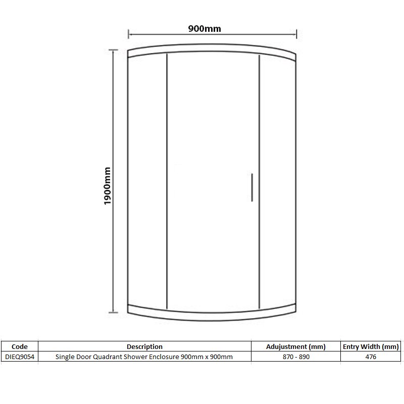 Merlyn Vivid Boost 1-Door Quadrant Shower Enclosure 900mm x 900mm - 6mm Glass  | Dimension Image