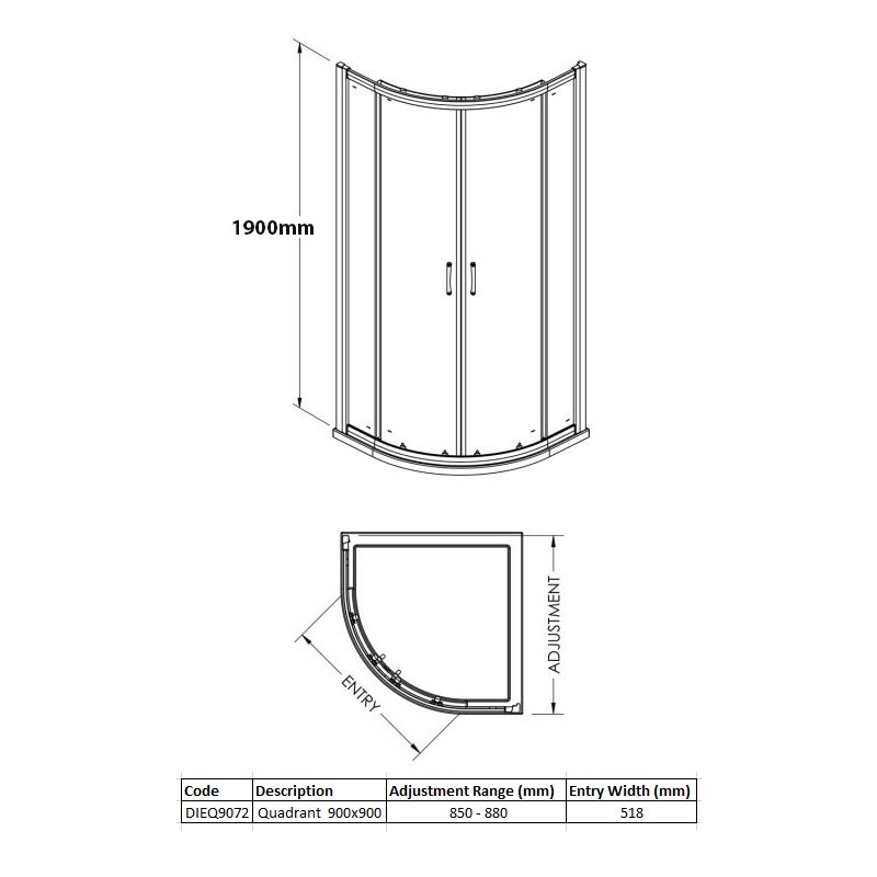 Merlyn Vivid Sublime 2-Door Quadrant Shower Enclosure 900mm x 900mm - 8mm Glass  | Dimension Image