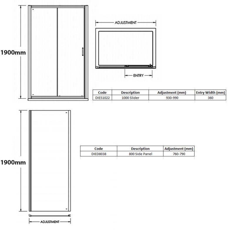 Merlyn Vivid Sublime Sliding Door Rectangular Shower Enclosure 1000mm x 800mm - 8mm Glass  | Dimension Image