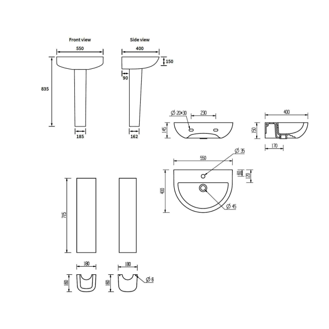 Signature Zen Basin and Full Pedestal 550mm Wide - 1 Tap Hole  | Dimension Image