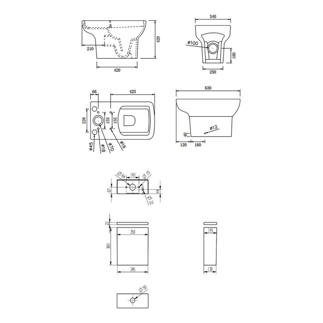 Signature Zen Rimless Close Coupled Open Back Toilet with Push Button Cistern - Soft Close Seat  | Dimension Image