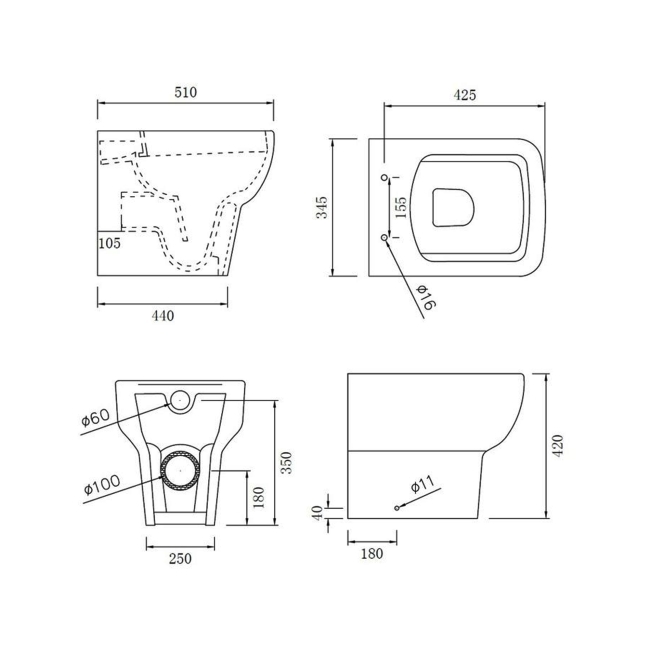 Signature Zen Rimless Back to Wall Toilet - Soft Close Seat  | Dimension Image