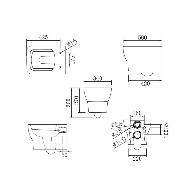 Signature Zen Rimless Wall Hung Toilet - Soft Close Seat  | Dimension Image