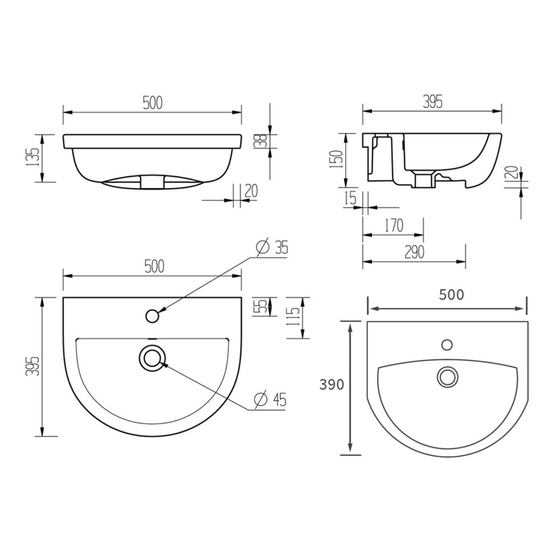 Signature Zeus Semi-Recessed Basin 500mm Wide - 1 Tap Hole