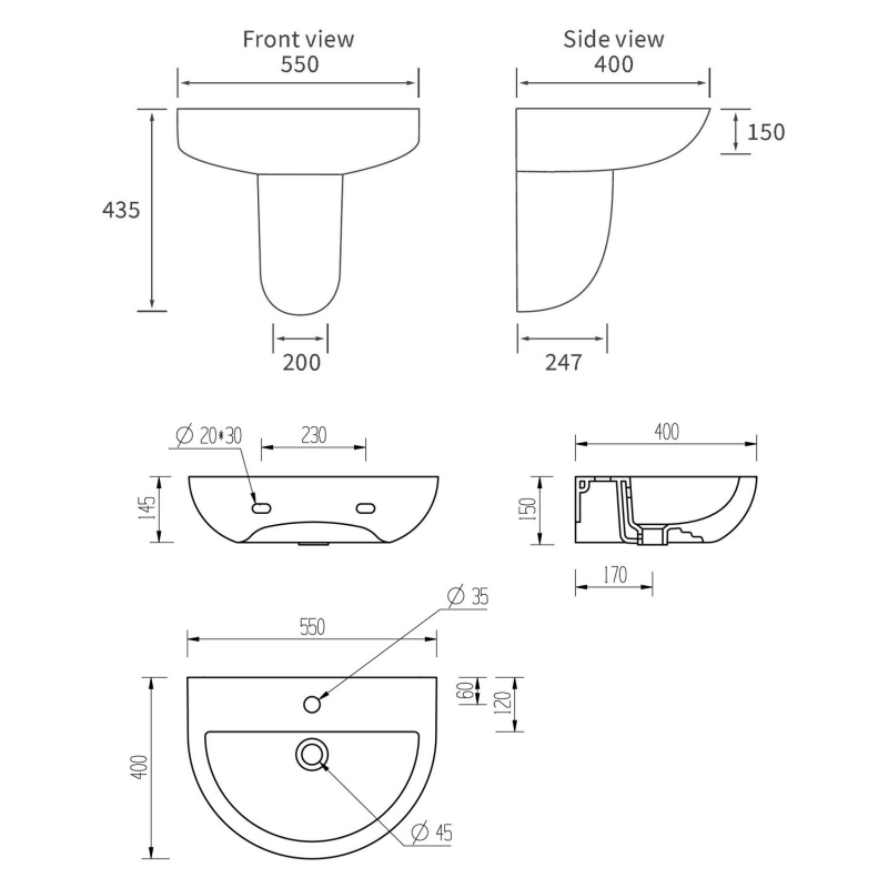 Signature Zeus Basin and Semi Pedestal 550mm Wide - 1 Tap Hole