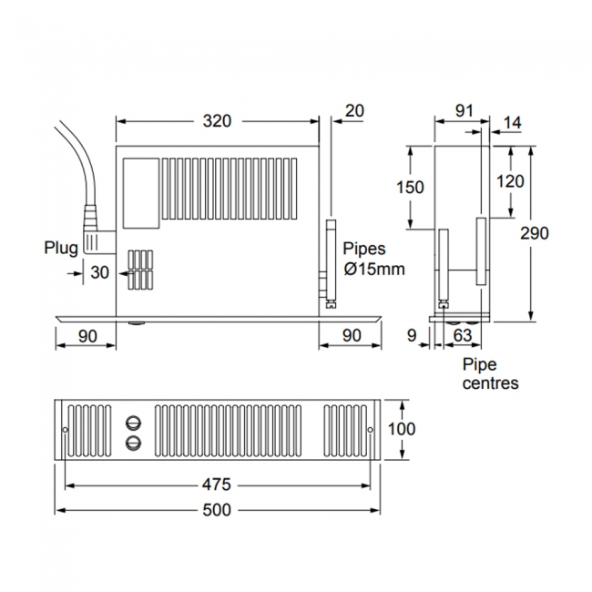 Smiths Space Saver SS3 Plinth Mounted Hydronic Fan Convector with Stainless Steel Grille