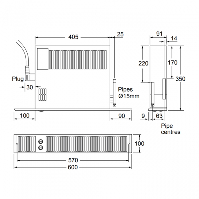 Smiths Space Saver SS9 Plinth Mounted Hydronic Fan Convector with Stainless Steel Grille