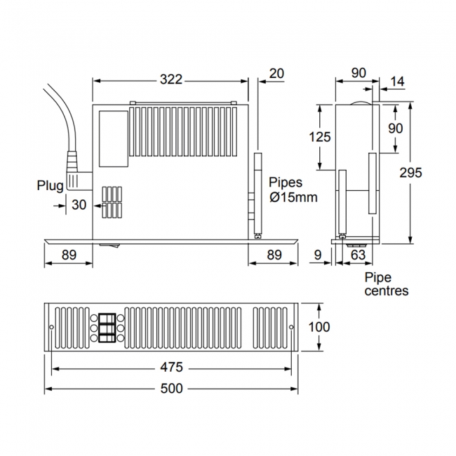 Smiths Space Saver SS5 Plinth Mounted Dual Hydronic/Electric Plinth Fan Convector with Stainless Steel Grille