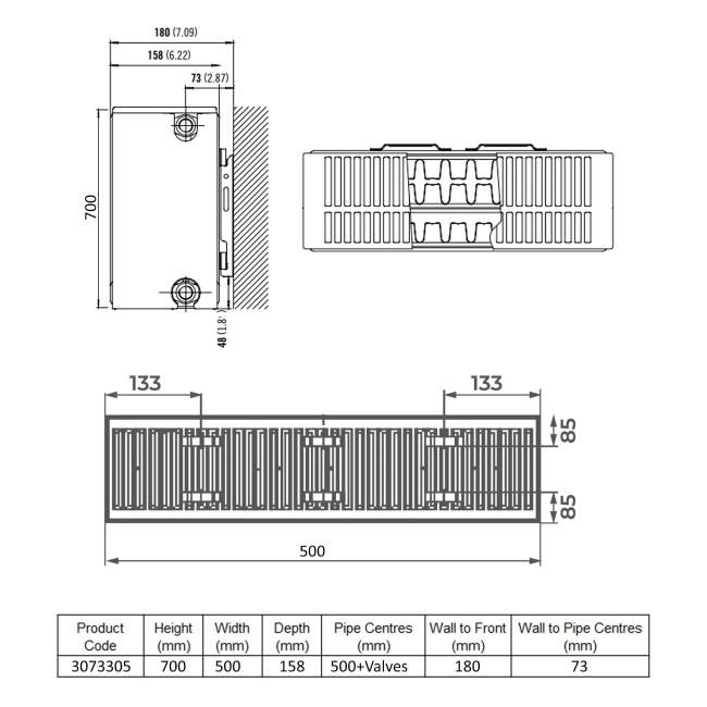 Stelrad Compact K3 Radiator 700mm H x 500mm W Triple Convector  | Dimension Image