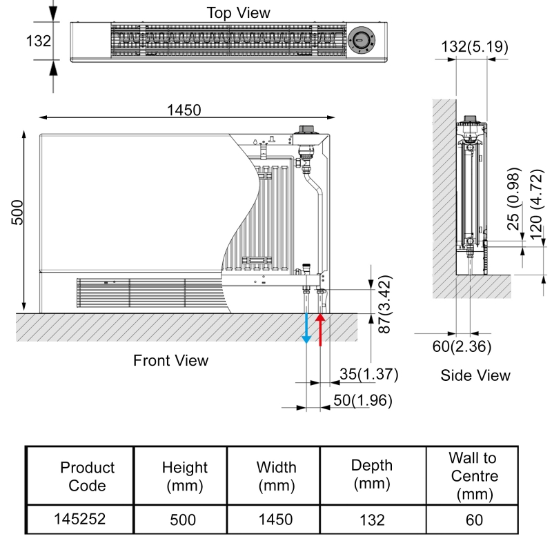 Stelrad LST I Plus P+ Radiator 500mm H x 1450mm W Double Panel  | Dimension Image