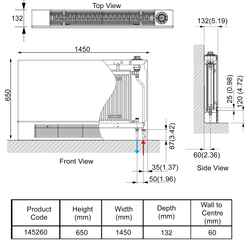 Stelrad LST I Plus P+ Radiator 650mm H x 1450mm W Double Panel  | Dimension Image