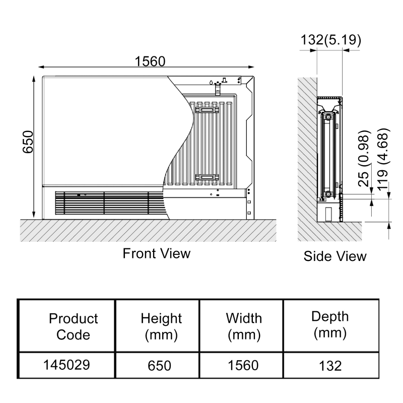 Stelrad LST Standard K1 Radiator 650mm H x 1560mm W Single Convector  | Dimension Image
