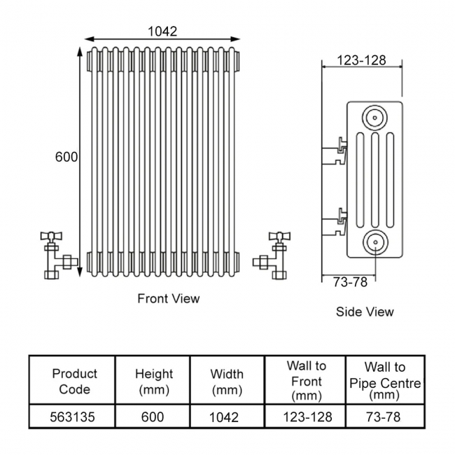 Stelrad Softline Concept Horizontal 3-Column Radiator 600mm H x 1042mm W - Anthracite Grey  | Dimension Image