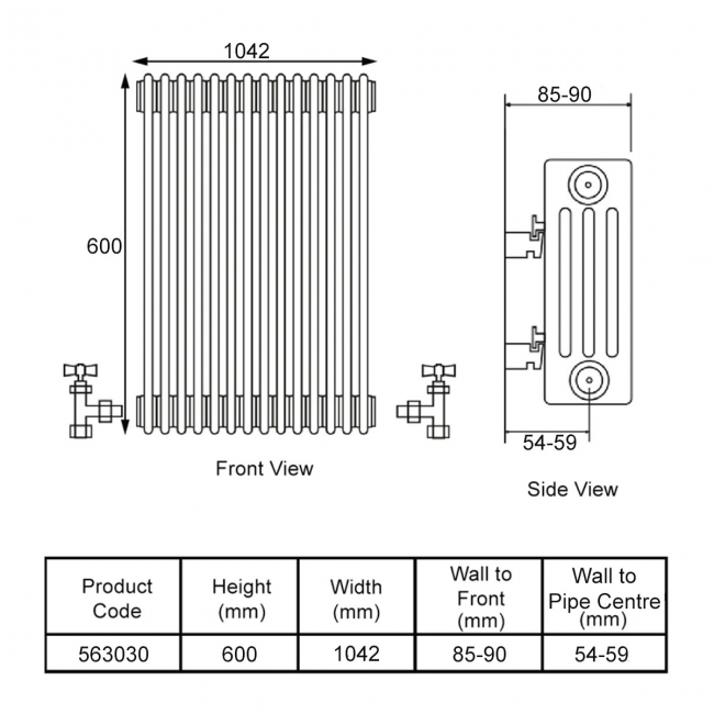 Stelrad Softline Horizontal 2-Column Radiator 600mm H x 1042mm W - White  | Dimension Image