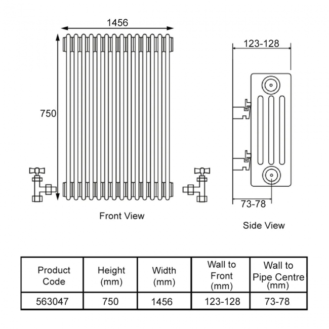 Stelrad Softline Horizontal 3-Column Radiator 750mm H x 1456mm W - White  | Dimension Image