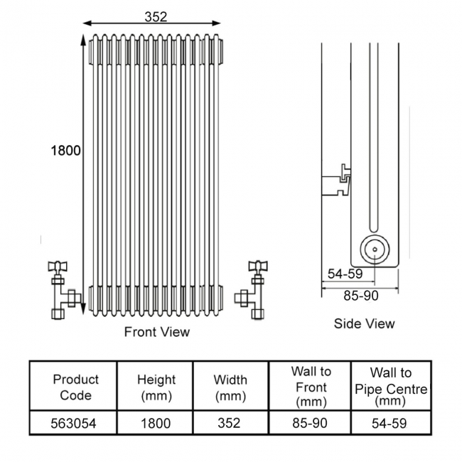 Stelrad Softline Vertical 2-Column Radiator 1800mm H x 352mm W - White  | Dimension Image