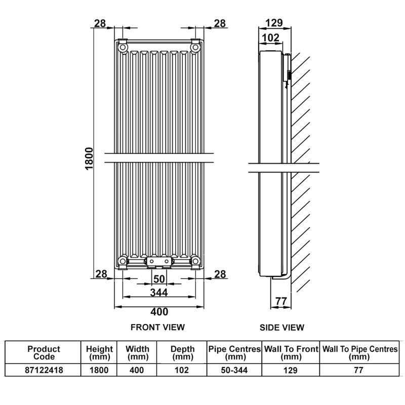 Stelrad Softline Compact Vertical K2 Flat Panel Radiator 1800mm H x 400mm W Double Convector - White