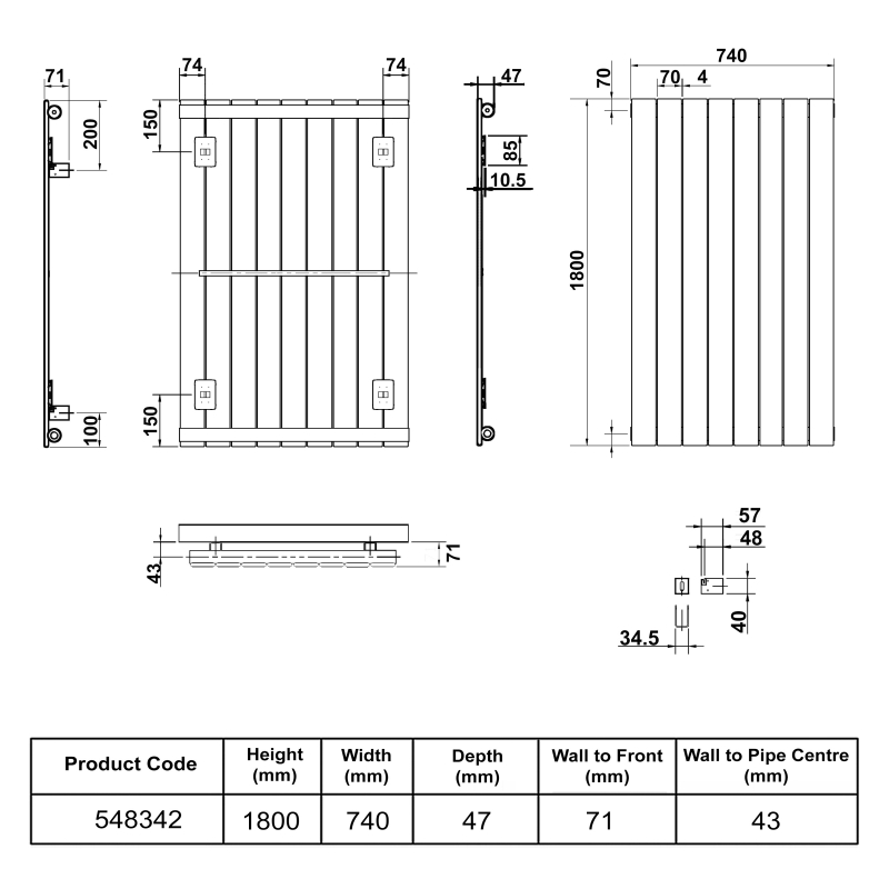 Stelrad Softline Concord Vertical Single Designer Radiator 1800mm H x 740mm W  | Dimension Image