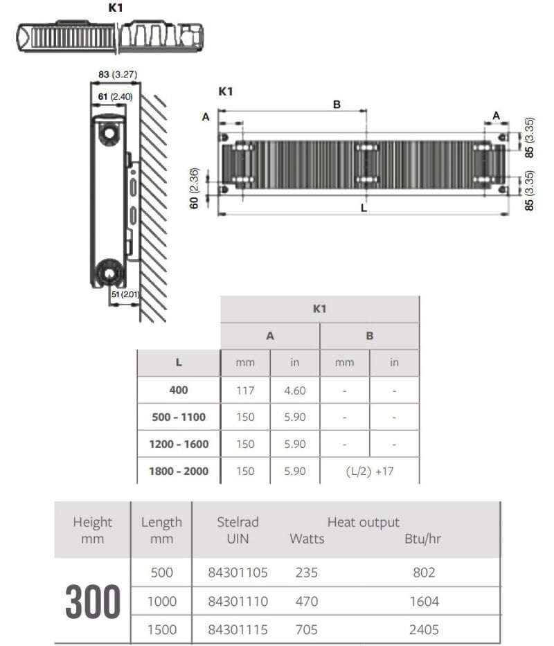 Stelrad Softline Deco Horizontal Flat Panel Radiator 300mm H x 1000mm W Single Convector - White