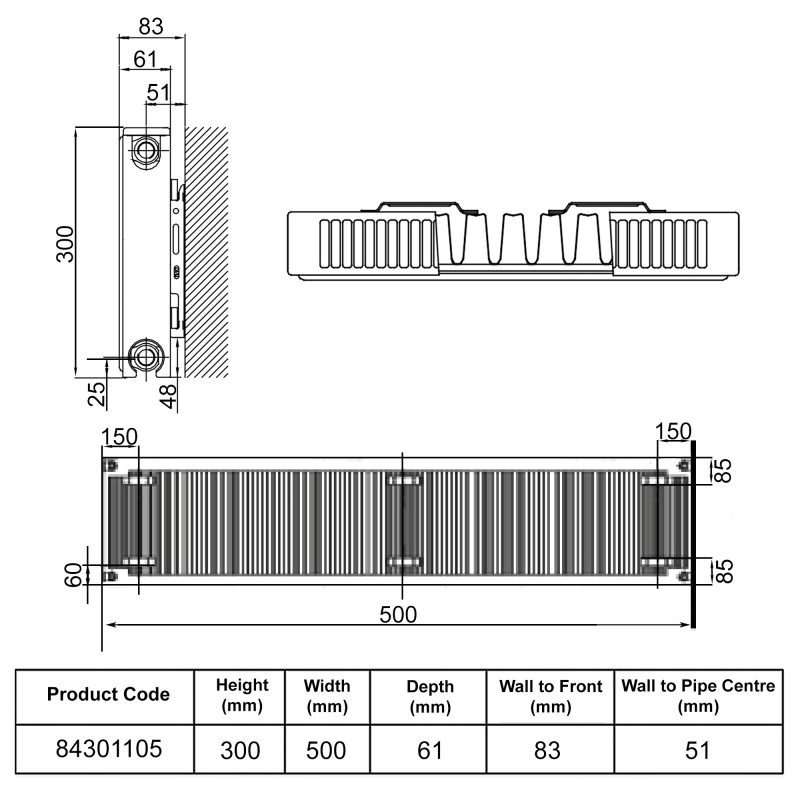 Stelrad Softline Deco Horizontal K1 Flat Panel Radiator 300mm H x 500mm W Single Convector - White