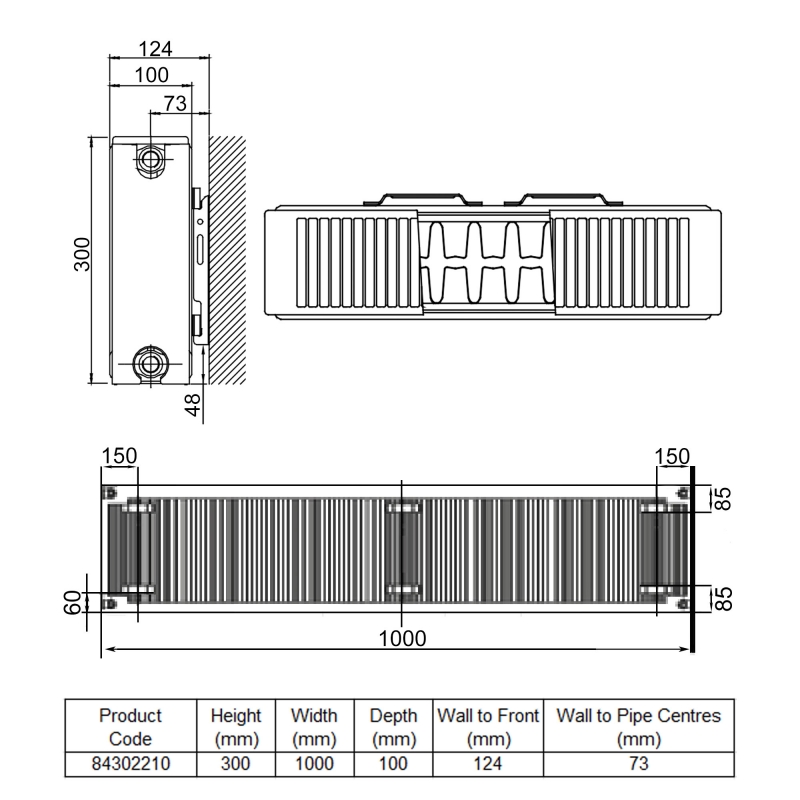 Stelrad Softline Deco Horizontal K2 Flat Panel Radiator 300mm H x 1000mm W Double Convector - White