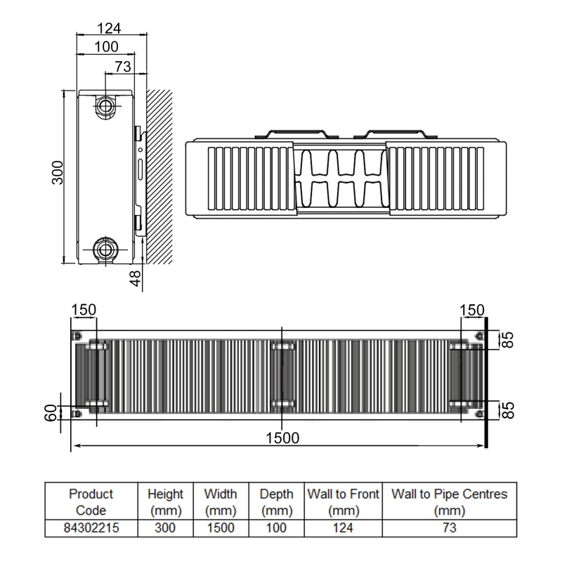 Stelrad Softline Deco Horizontal K2 Flat Panel Radiator 300mm H x 1500mm W Double Convector - White