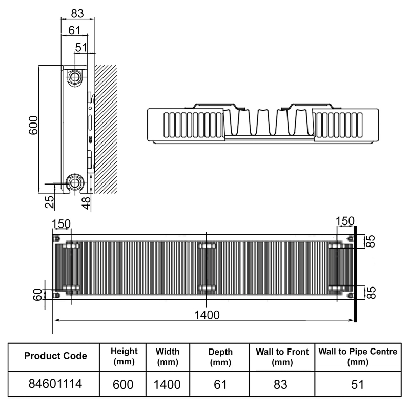 Stelrad Softline Deco Horizontal K1 Flat Panel Radiator 600mm H x 1400mm W Single Convector - White