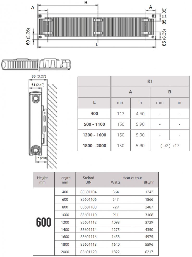 Stelrad Softline Plan Horizontal Flat Panel Radiator 600mm H x 400mm W Single Convector - White