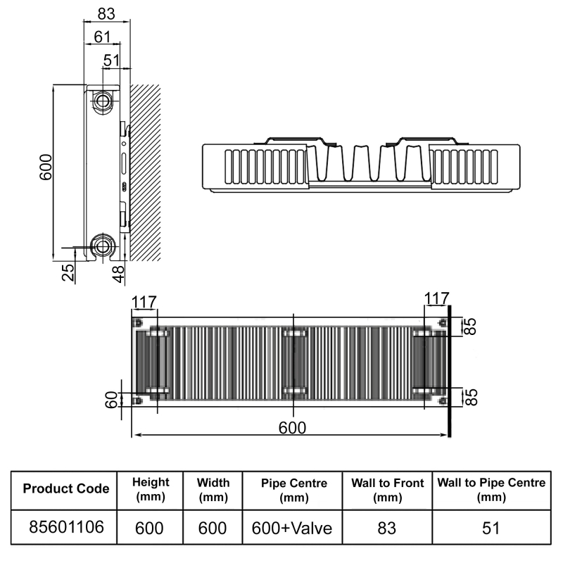 Stelrad Softline Plan Horizontal K1 Flat Panel Radiator 600mm H x 600mm W Single Convector - White