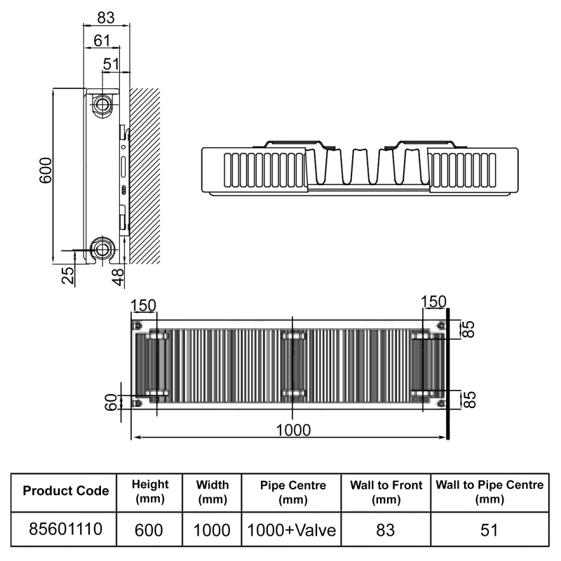 Stelrad Softline Plan Horizontal K1 Flat Panel Radiator 600mm H x 1000mm W Single Convector - White