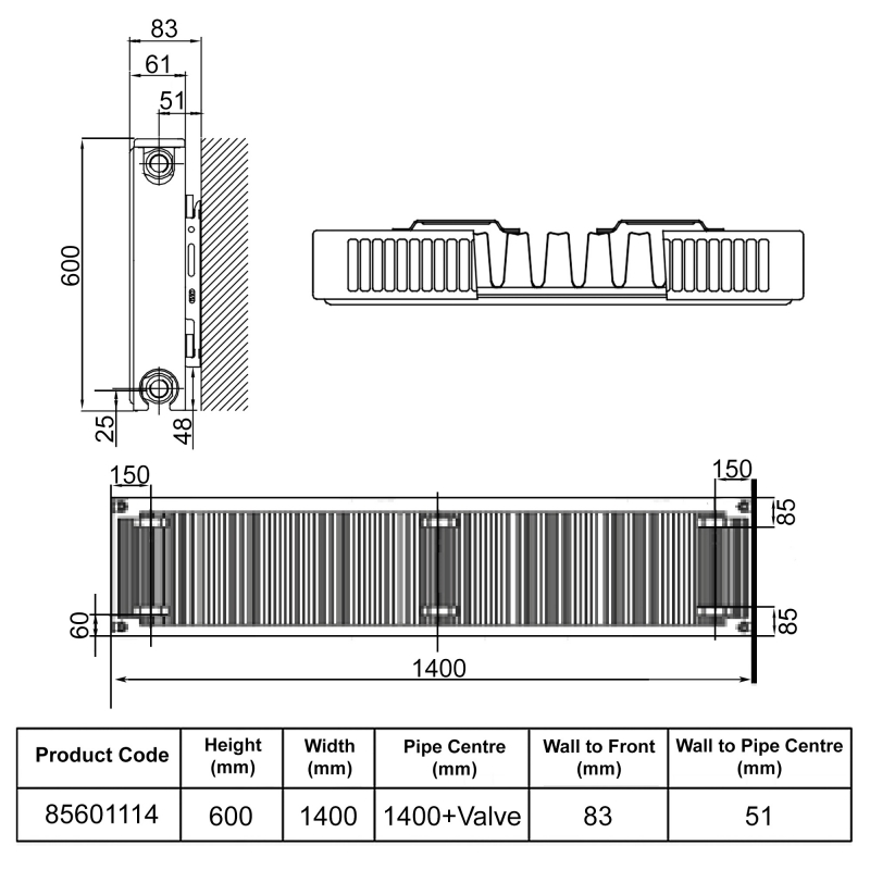 Stelrad Softline Plan Horizontal K1 Flat Panel Radiator 600mm H x 1400mm W Single Convector - White