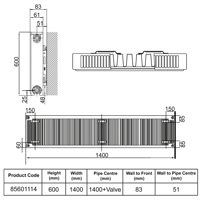Stelrad Softline Plan Horizontal Flat Panel Radiator 600mm H x 1400mm W Single Convector - White
