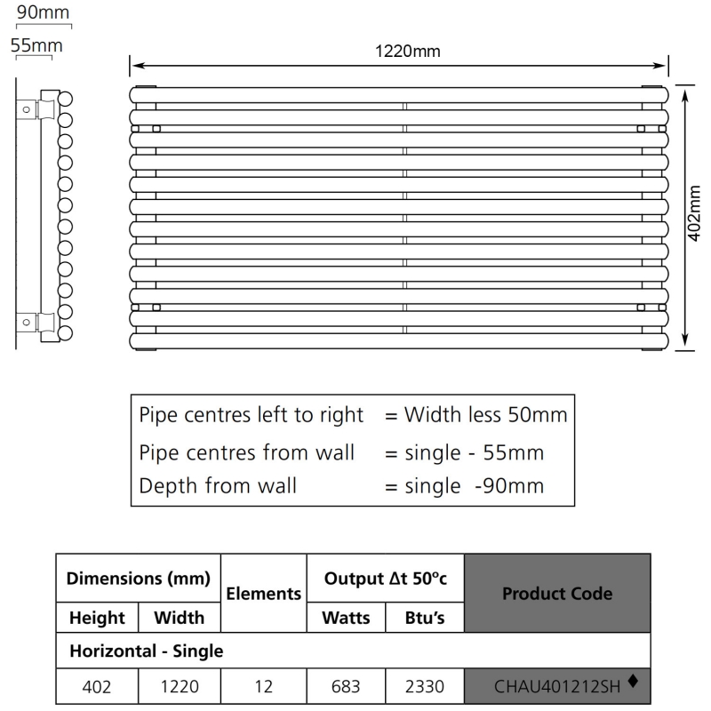 S4H Chaucer Single Horizontal Radiator 402mm H x 1220mm W - RAL