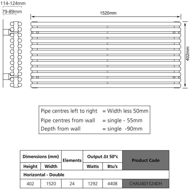 S4H Chaucer Double Horizontal Radiator 402mm H x 1520mm W - RAL