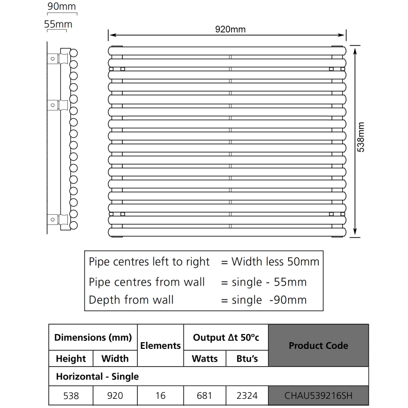 S4H Chaucer Single Horizontal Radiator 538mm H x 920mm W - RAL
