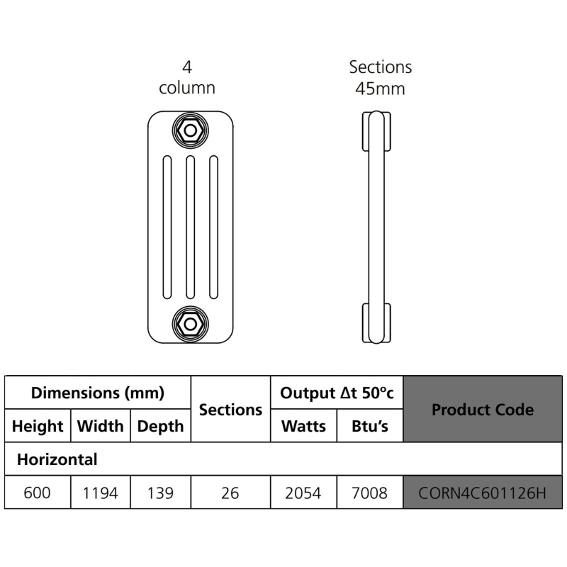 EcoRad Legacy Horizontal 4 Column Radiator 600mm H x 1194mm W - RAL  | Dimension Image