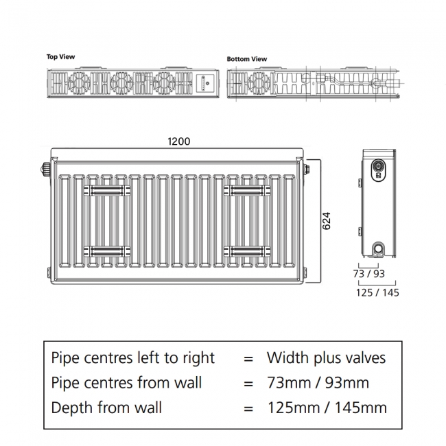 S4H Faraday Eco Type 22 Right Flow-In Flat Panel Radiator 624mm H x 1200mm W - White  | Dimension Image