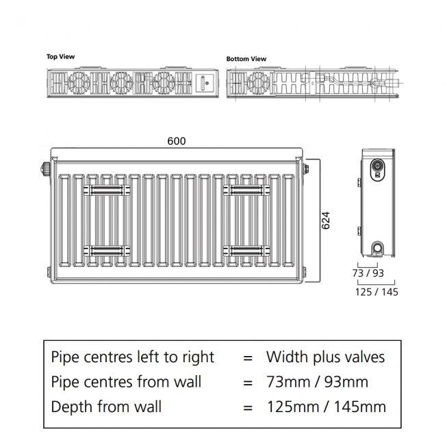 S4H Faraday Eco Type 22 Right Flow-In Flat Panel Radiator 624mm H x 600mm W - White  | Dimension Image