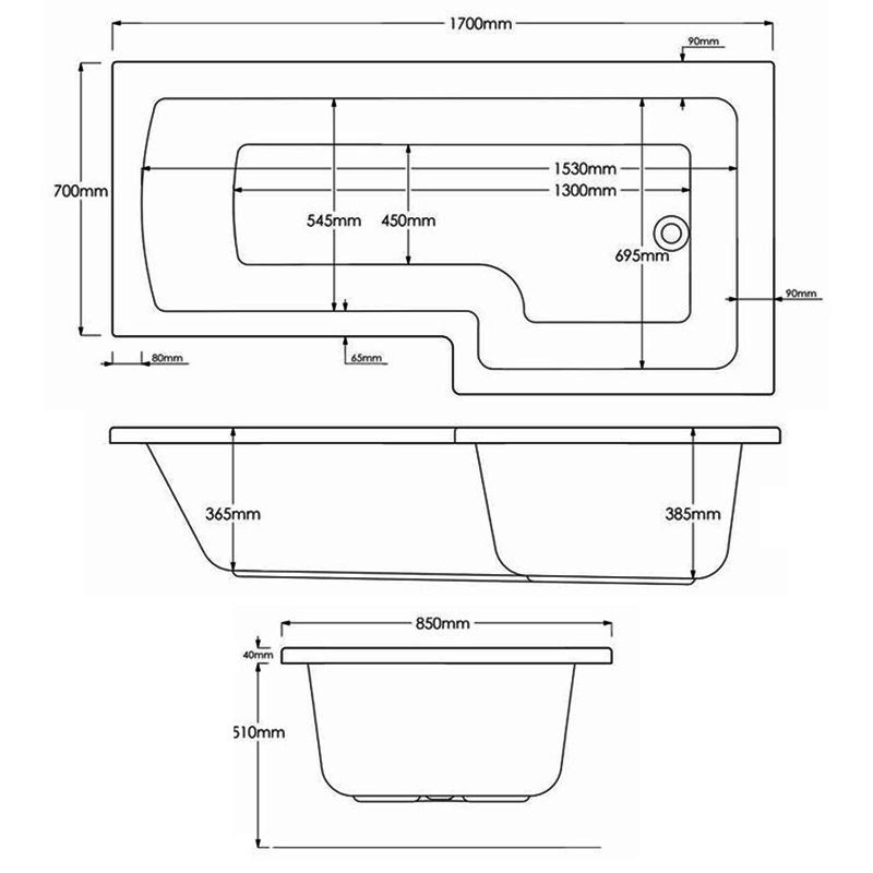 Delphi Berg L-Shaped Premier Shower Bath 1700mm x 700/850mm - Right Handed