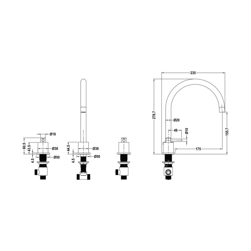 The 1810 Company Aero 3 Hole Design Kitchen Sink Mixer Tap - Chrome