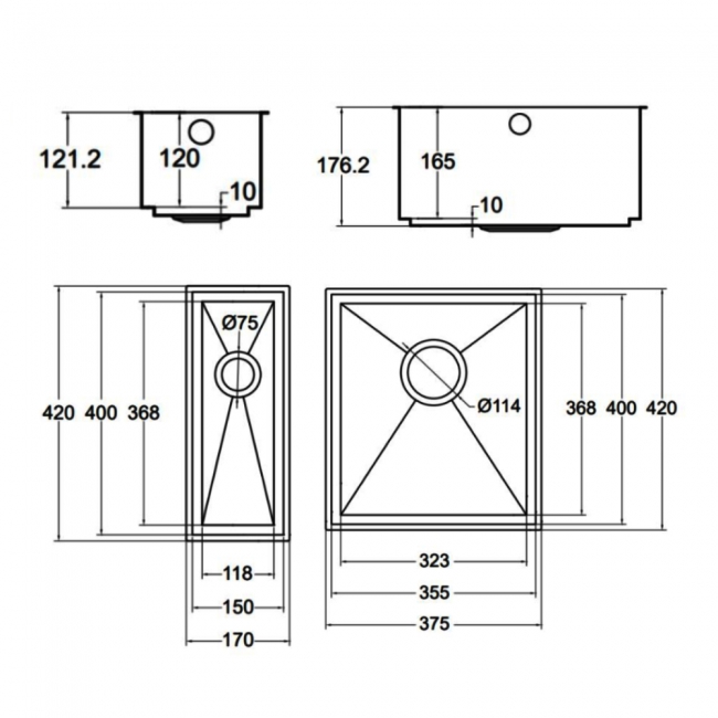 The 1810 Company Axixuno 355/150U 2.0 Bowl Undermount Kitchen Sink - Gold Brass  | Dimension Image