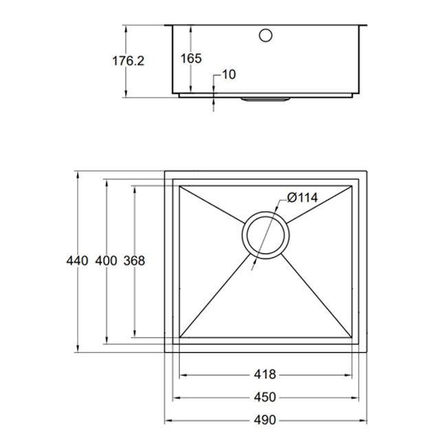 The 1810 Company Axixuno 450U 1.0 Bowl Undermount Kitchen Sink - Copper  | Dimension Image